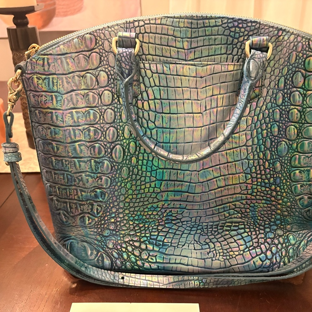 Brahmin Iridescent Teal Blue Croc-Embossed Satchel - Picture 2 of 11